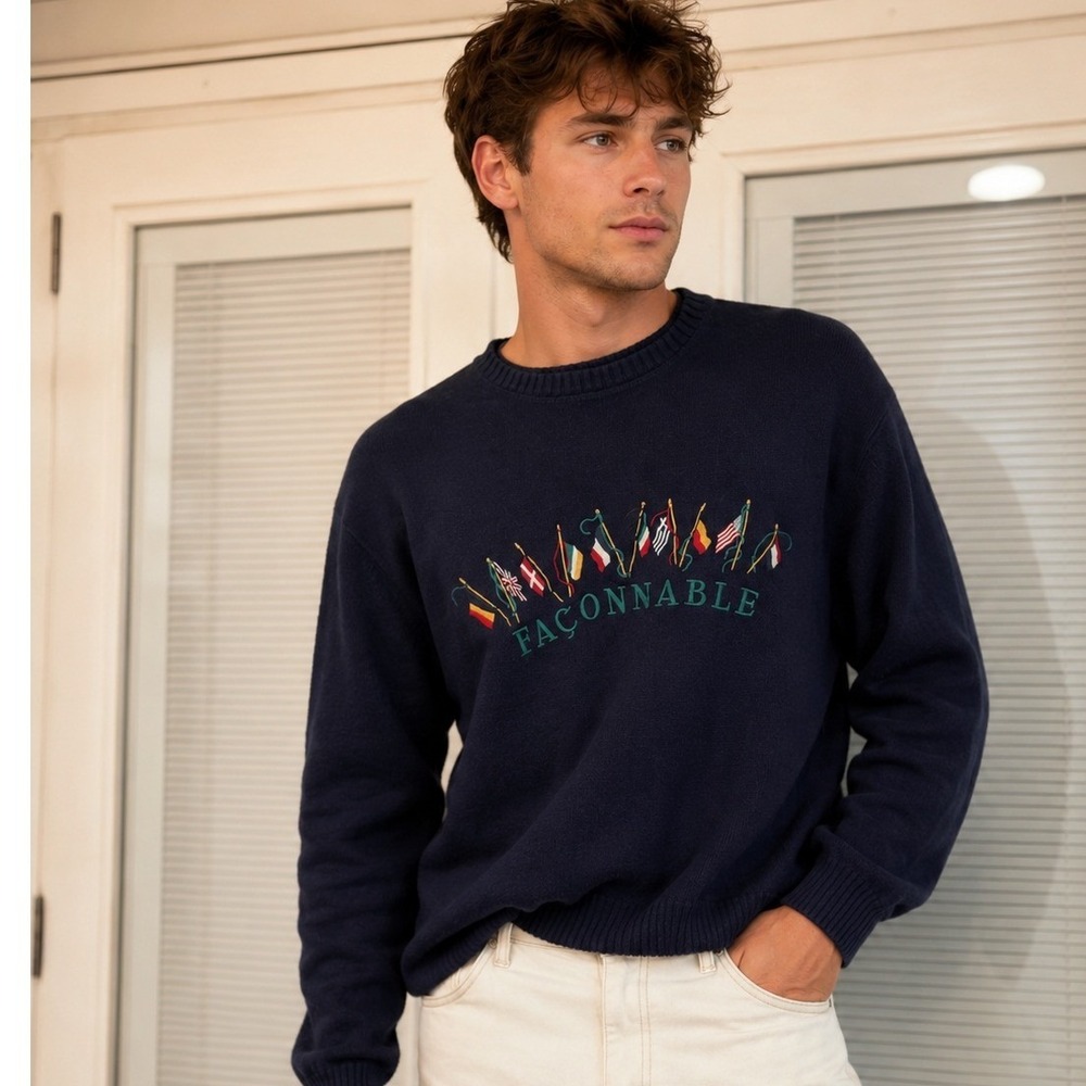 Vintage Faconnable Albert Goldberg Navy Cotton Flag Embroidered Sweater Mens M